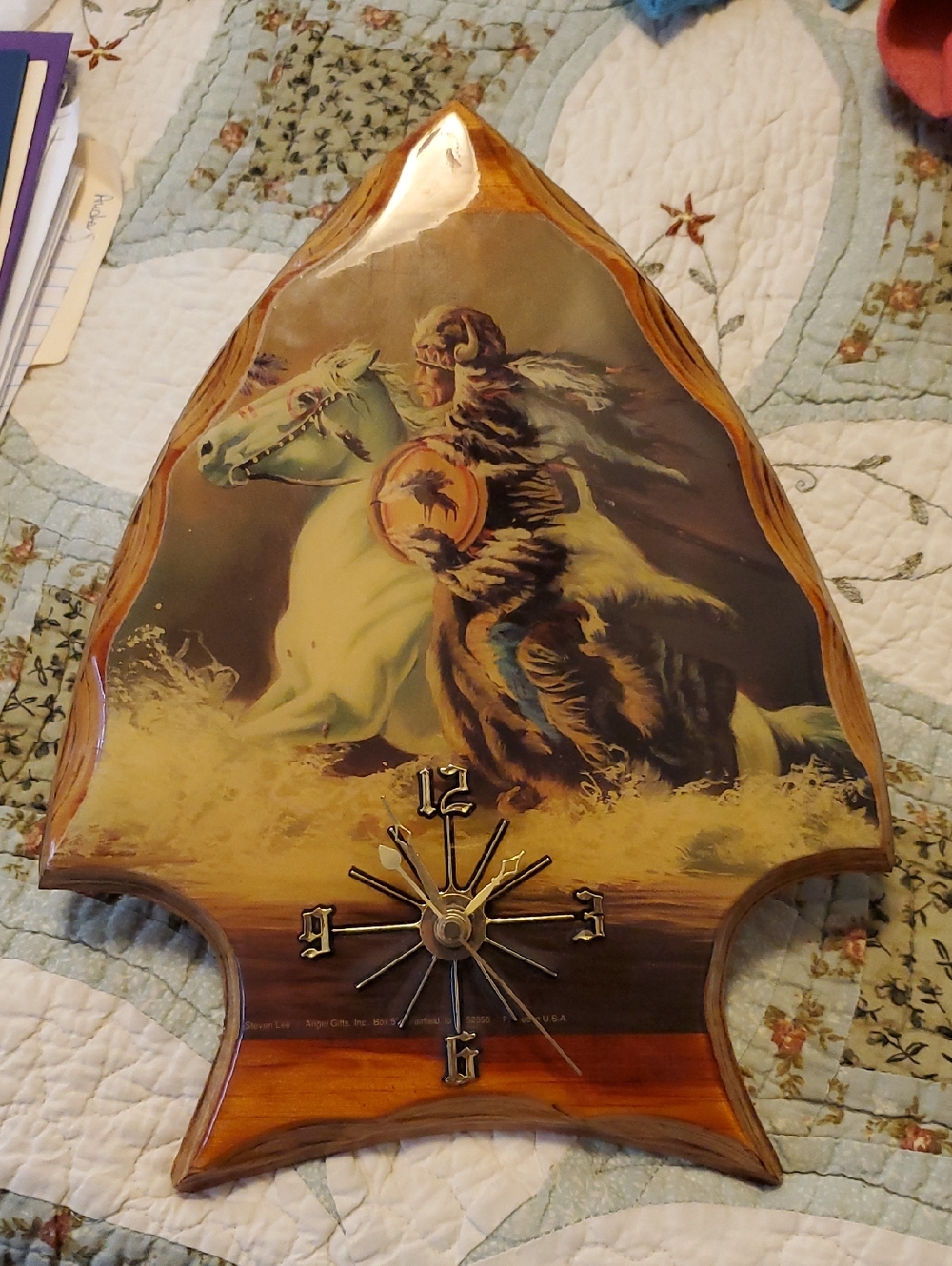 Arrow Head Rustic Brown Wall Clock with Native American & Horse Artwork